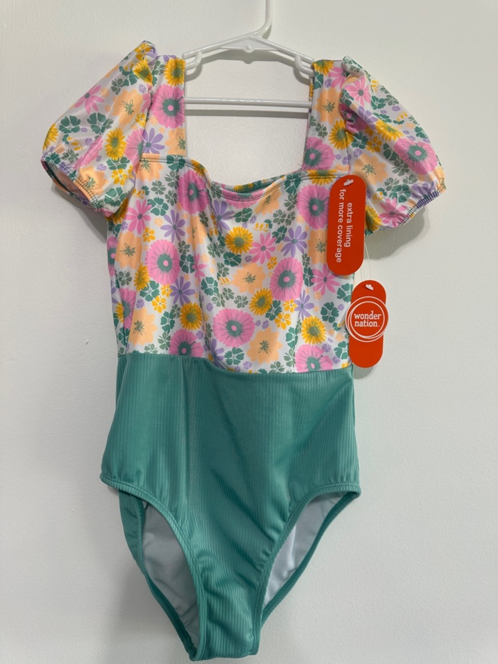 Wonder Nation Teal Ribbed Bottom Floral Puff Sleeve Swimsuit